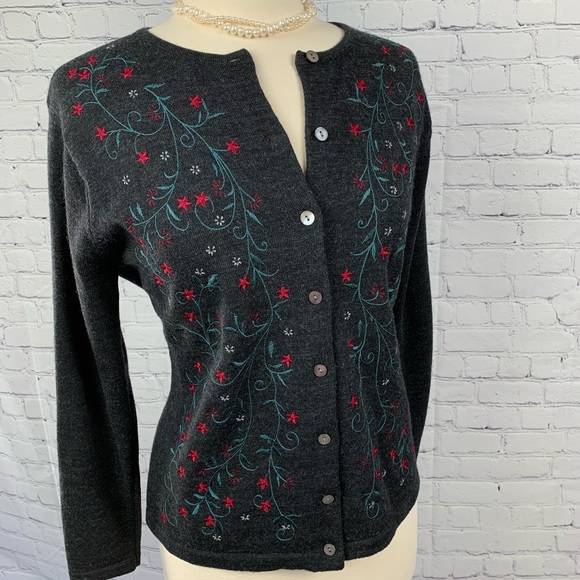 Talbots Sweaters - Talbots Gray Embroidered 100% Wool Cardigan Top Sm